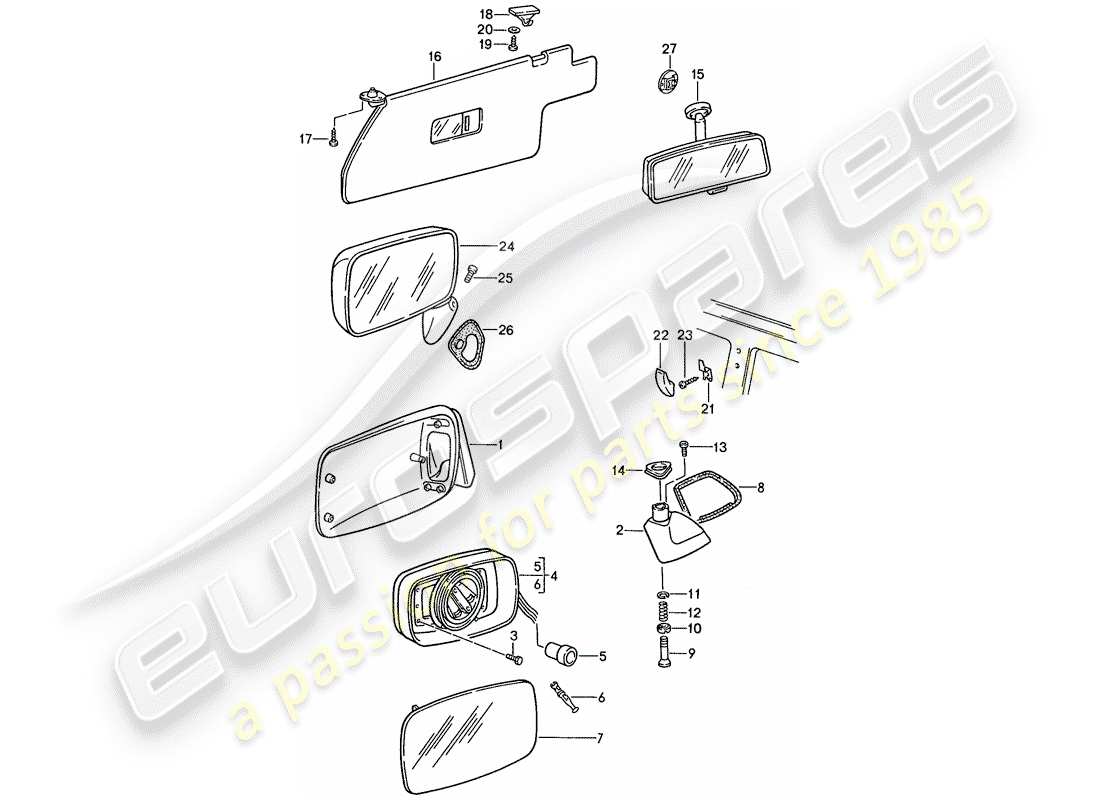 porsche 1991 (944) visera solar - espejo retrovisor - espejo retrovisor interior diagrama de piezas