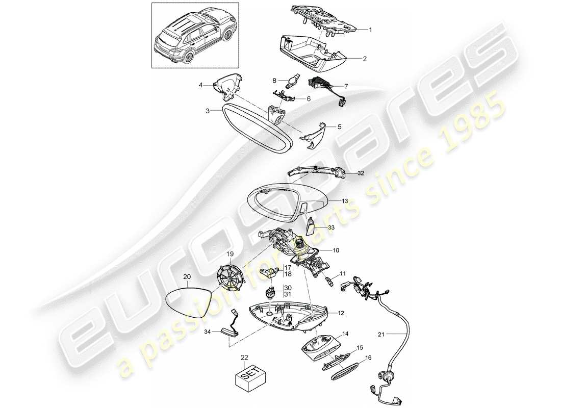 porsche 2016 (cayenne e2 92a) diagrama de piezas del espejo retrovisor