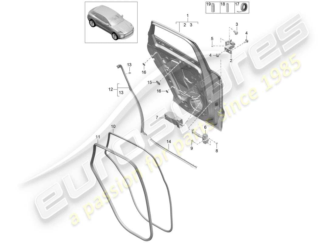 porsche 2019 (macan) diagrama de piezas de la carcasa de la puerta