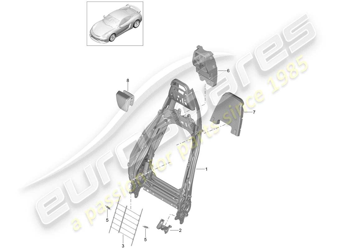 porsche 2016 (981 cayman gt4) marco del respaldo diagrama de piezas