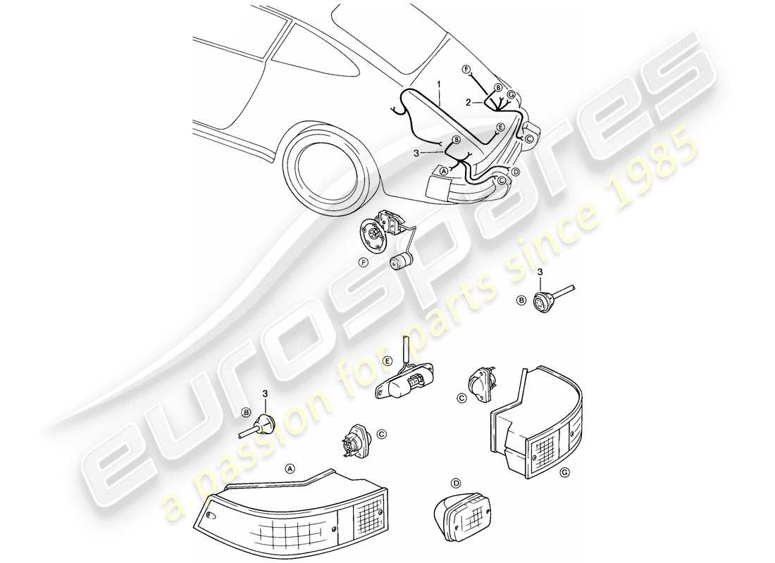 porsche 1985 (911) arneses de cableado - luz del compartimiento del motor - luz trasera diagrama de piezas