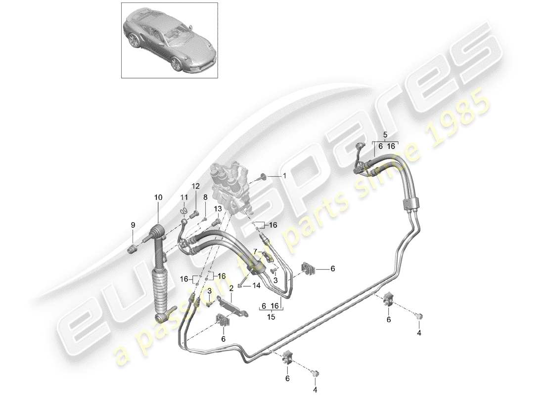 porsche 991 turbo (2016) línea hidráulica diagrama de piezas