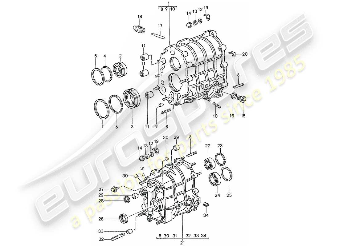 porsche 1987 (959) carcasa de engranajes - cubierta de la transmisión diagrama de piezas