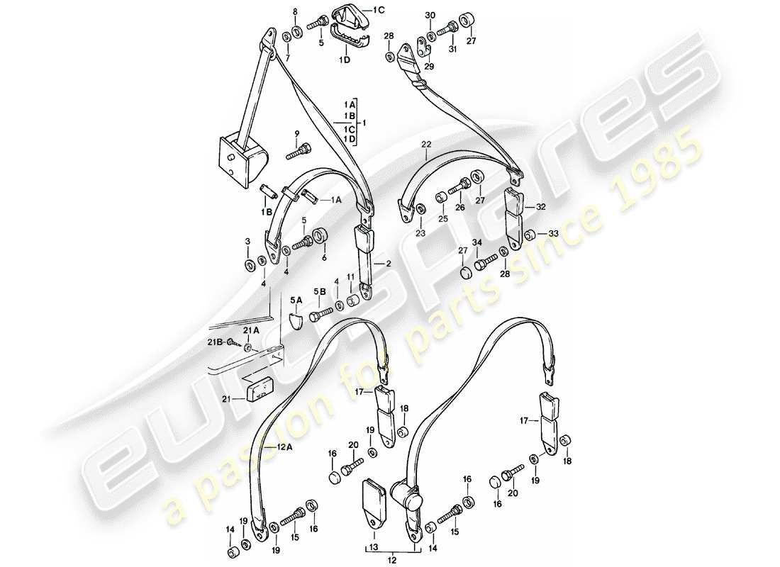 porsche 1985 (924) cinturón de seguridad diagrama de piezas