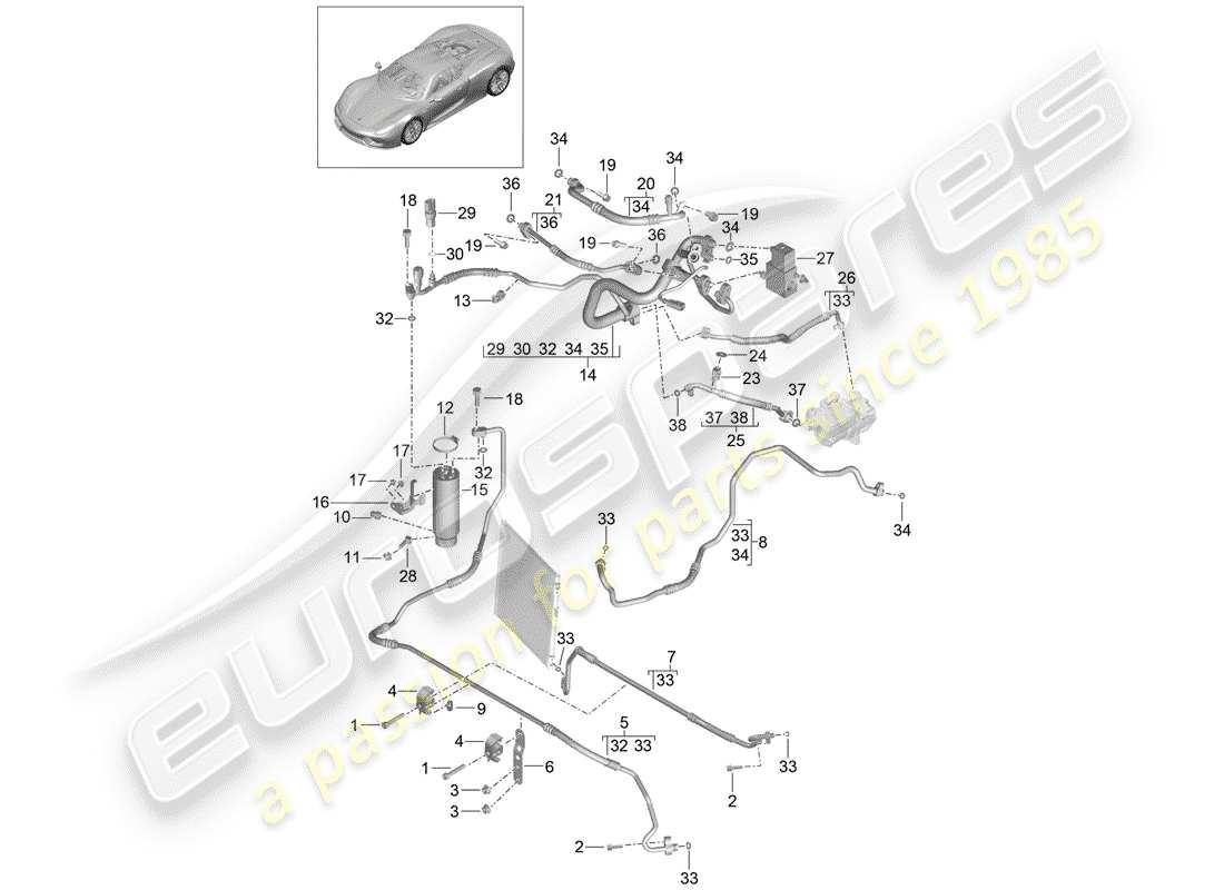 porsche 918 spyder (2015) diagrama de piezas del circuito refrigerante