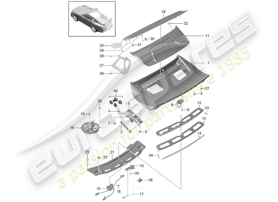 porsche 2017 (991-2 r/gt3/rs) diagrama de piezas del spoiler trasero