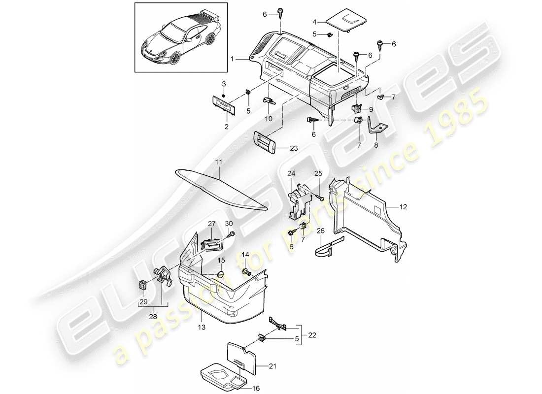 porsche 2008 (997-1 gt3) compartimiento de equipaje diagrama de piezas