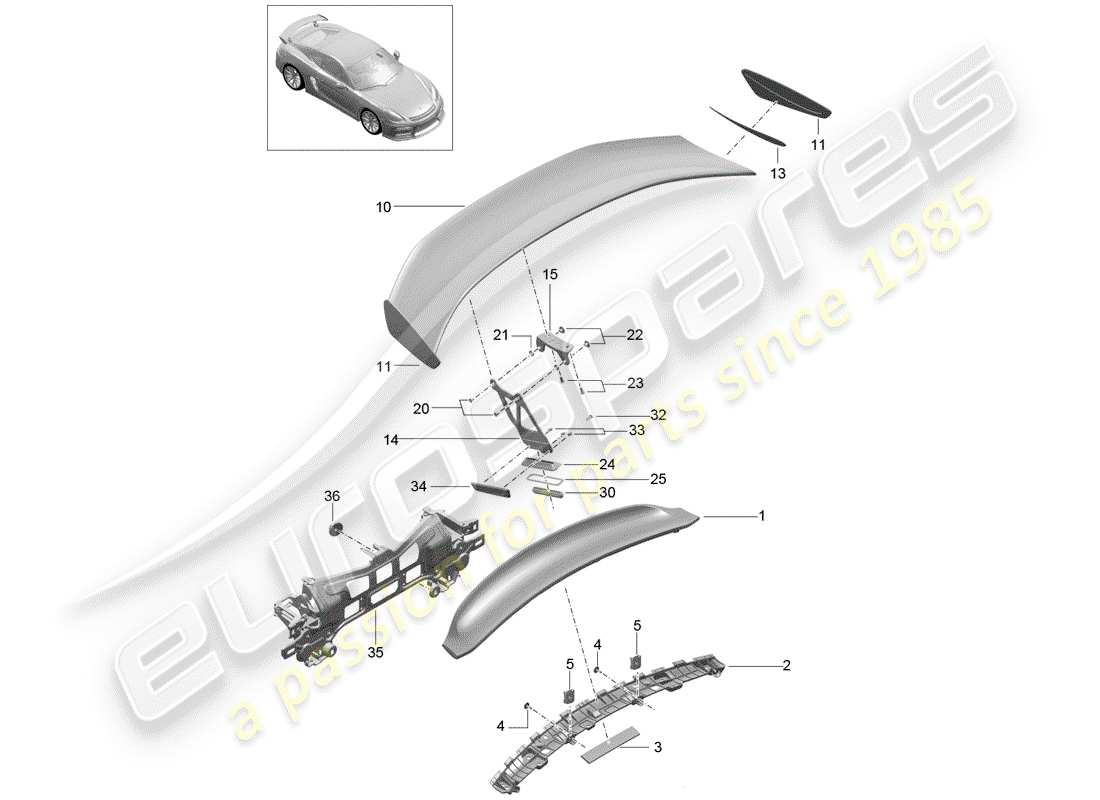 porsche 2016 (981 cayman gt4) alerón trasero diagrama de piezas