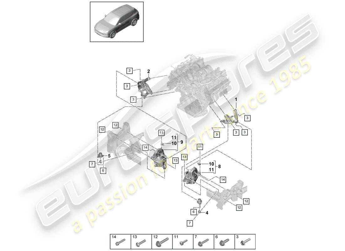 porsche 2018 (cayenne e3 9ya/9yb) diagrama de piezas del dispositivo de elevación del motor