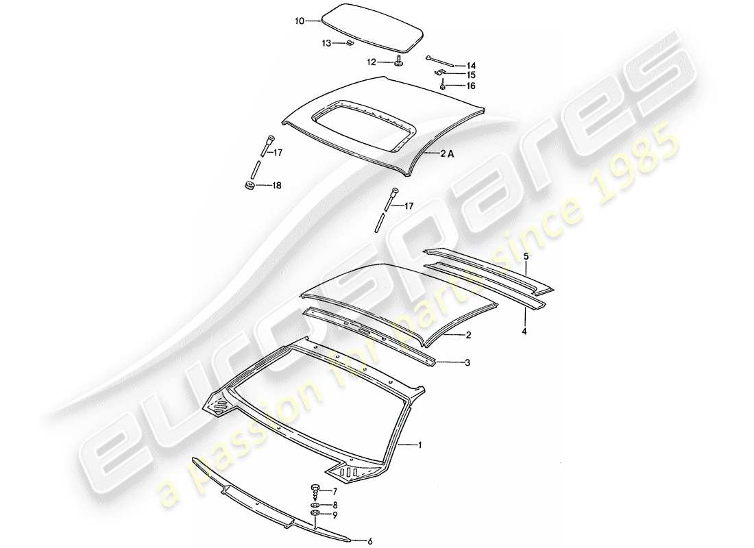 porsche 1990 (928) techo - diagrama de piezas del capo