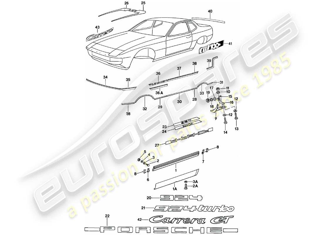 porsche 1981 (924) embellecedor de miembro lateral - placas de identificación - apertura de rueda diagrama de piezas