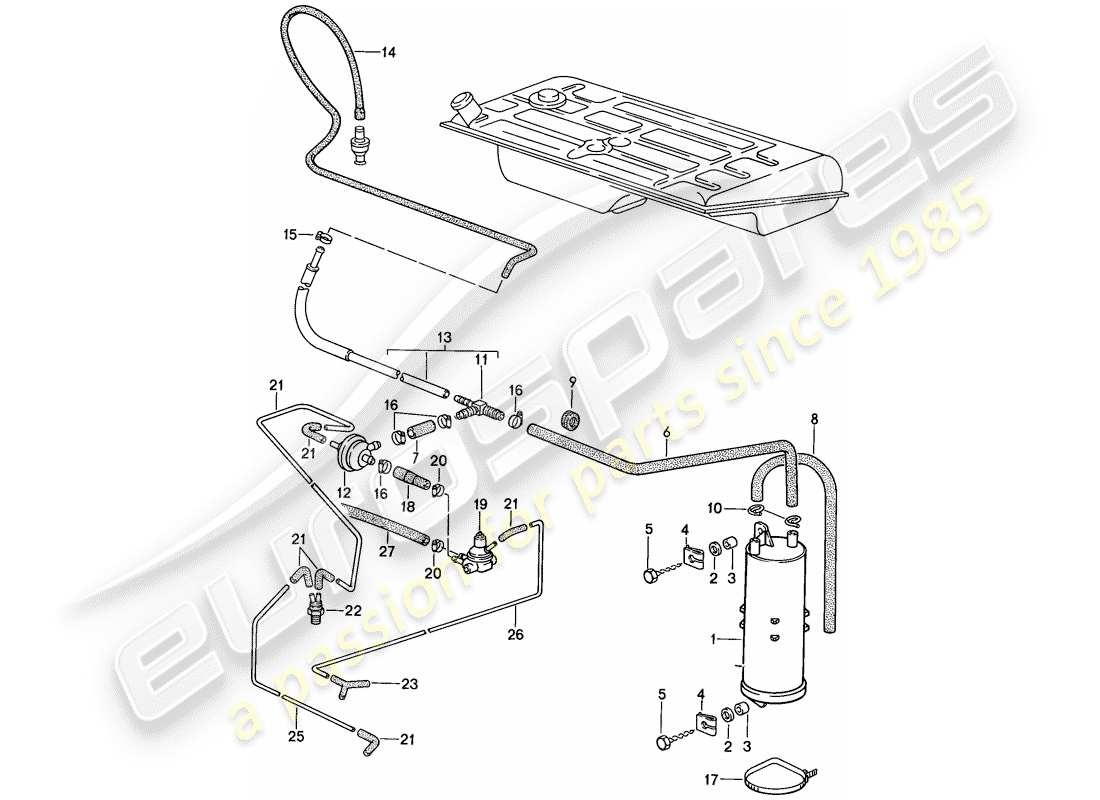 porsche 1987 (924s) bote de emisiones evaporativas - ventilación del tanque diagrama de piezas