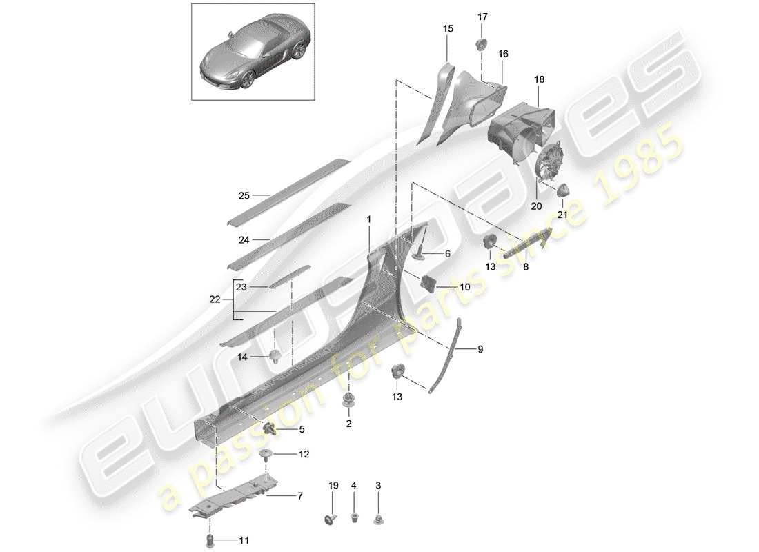 porsche 2013 (981 boxster) diagrama de piezas del guarnecido de los miembros laterales