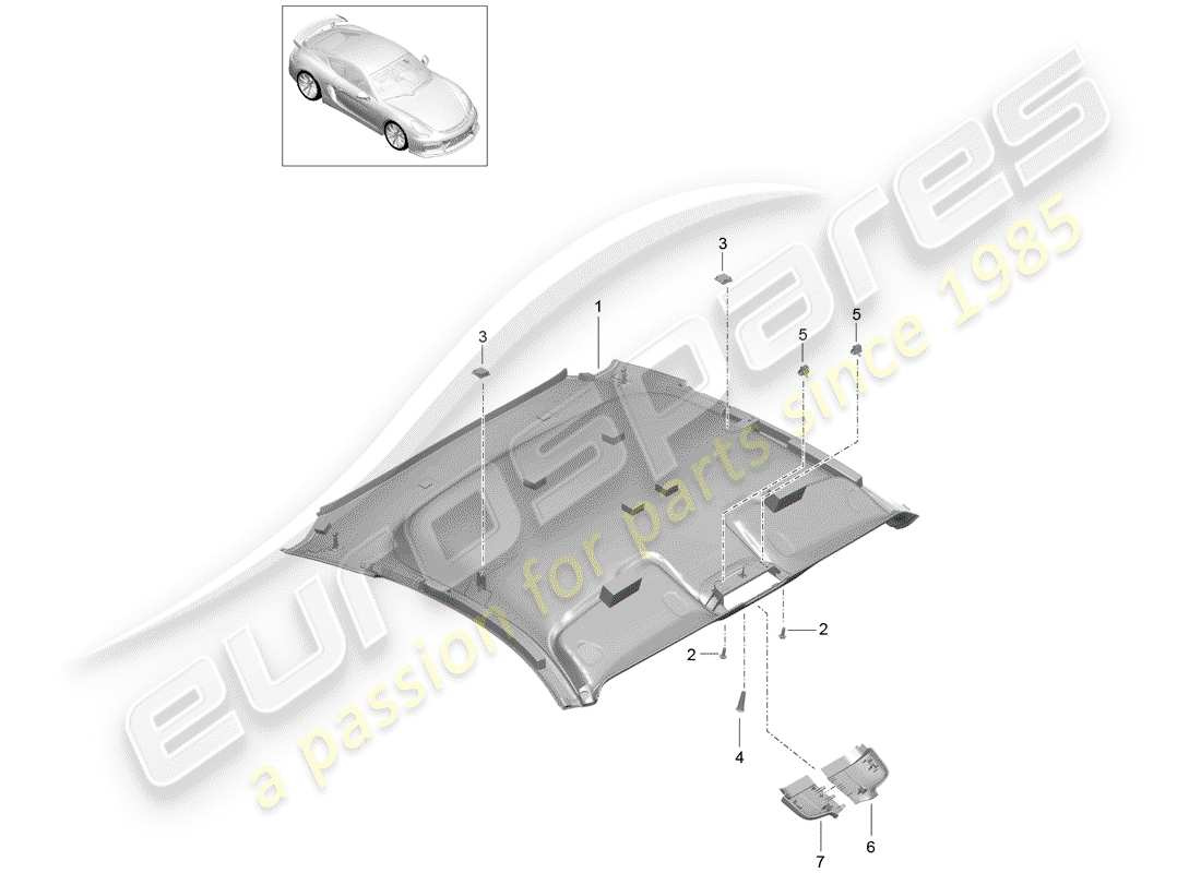 porsche 2016 (981 cayman gt4) panel de adorno de techo diagrama de piezas