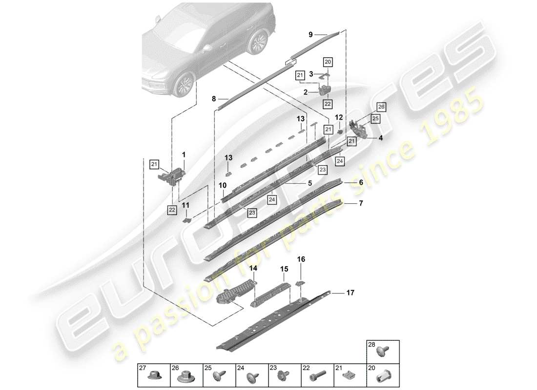 porsche 2019 (cayenne e3 9ya/9yb) diagrama de piezas del guarnecido de los miembros laterales