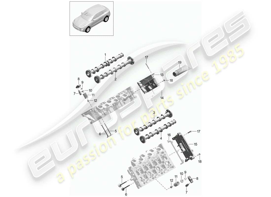 porsche 2016 (macan) árbol de levas, válvulas diagrama de piezas