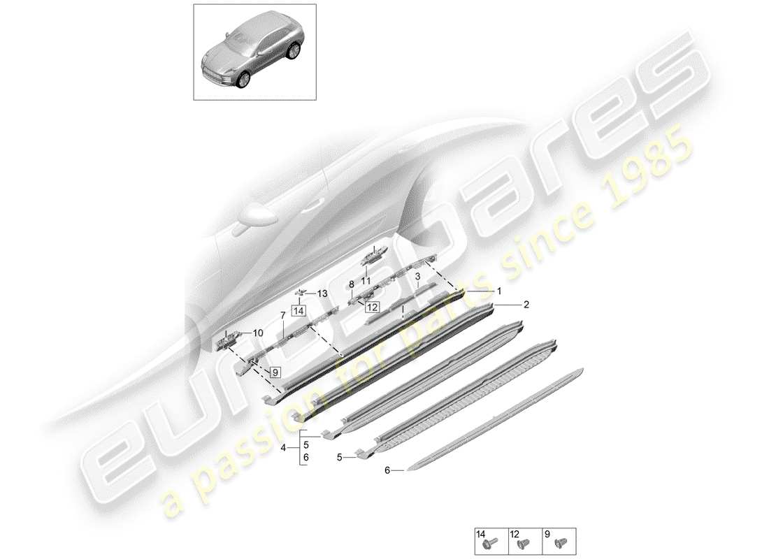 porsche 2019 (macan) diagrama de piezas del guarnecido de los miembros laterales