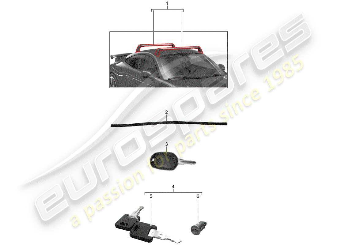 porsche 2017 (tequipment 98x/99x) diagrama de piezas del portaequipajes de techo