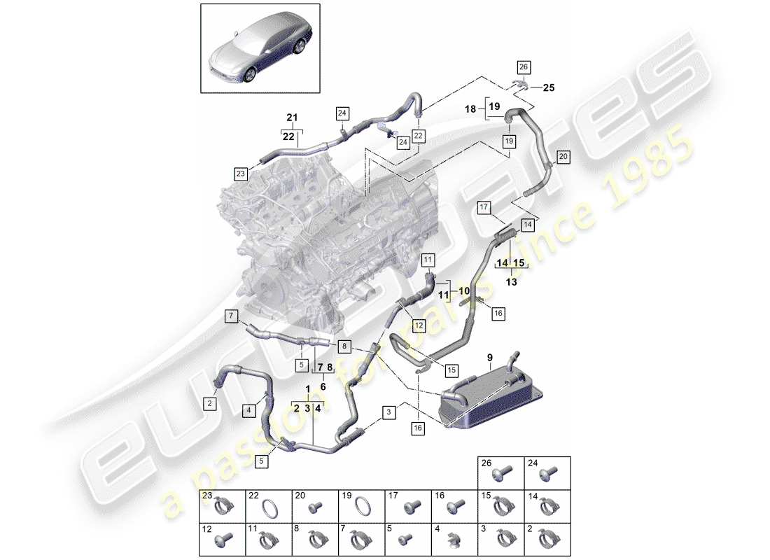 porsche 2017 (panamera 971-1) diagrama de piezas de refrigeración por agua