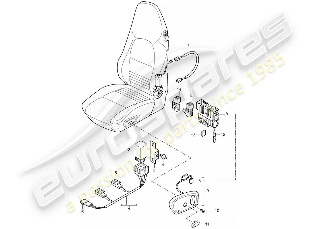 porsche 996 t/gt2 (2004) arneses de cableado - interruptor - asiento estándar - asiento deportivo diagrama de piezas