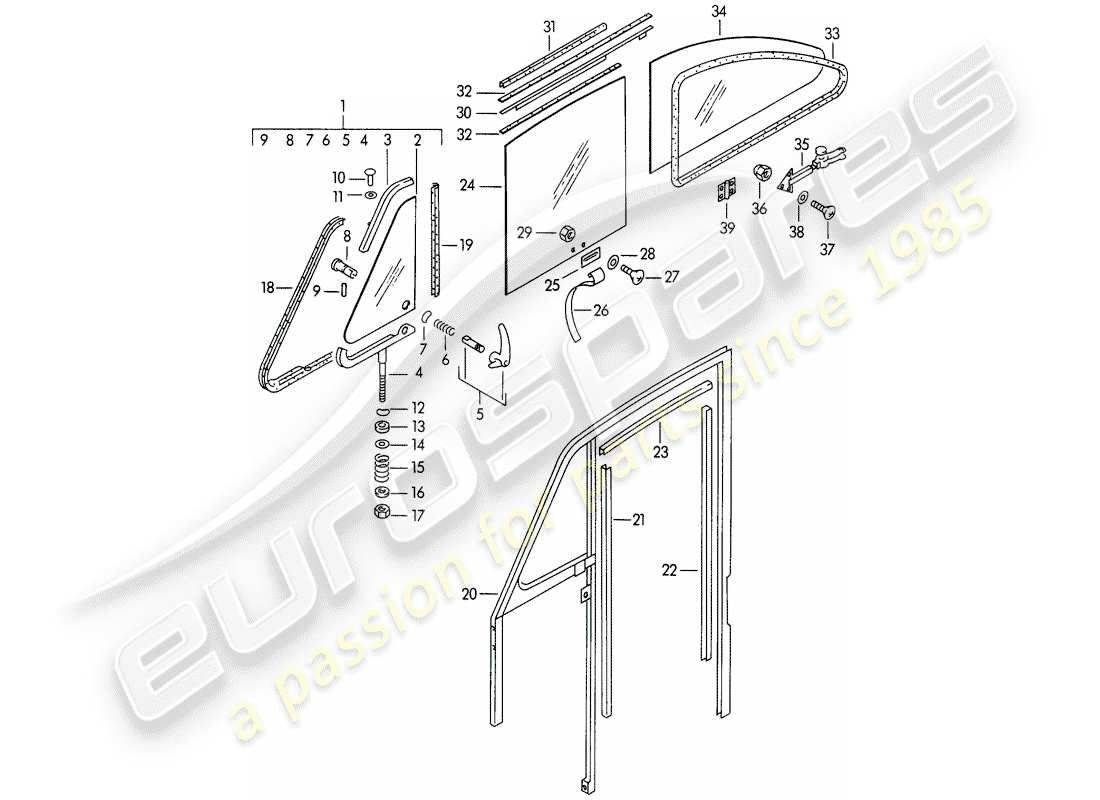 porsche 1950 (356/356a) ventana lateral - ventana de la puerta diagrama de piezas