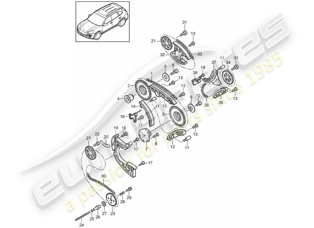 porsche 2016 (cayenne e2 92a) diagrama de piezas de la cadena de distribución