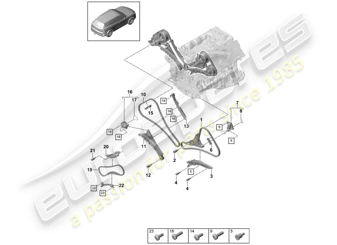 porsche 2020 (cayenne e3 9ya/9yb) diagrama de piezas de la cadena de distribución