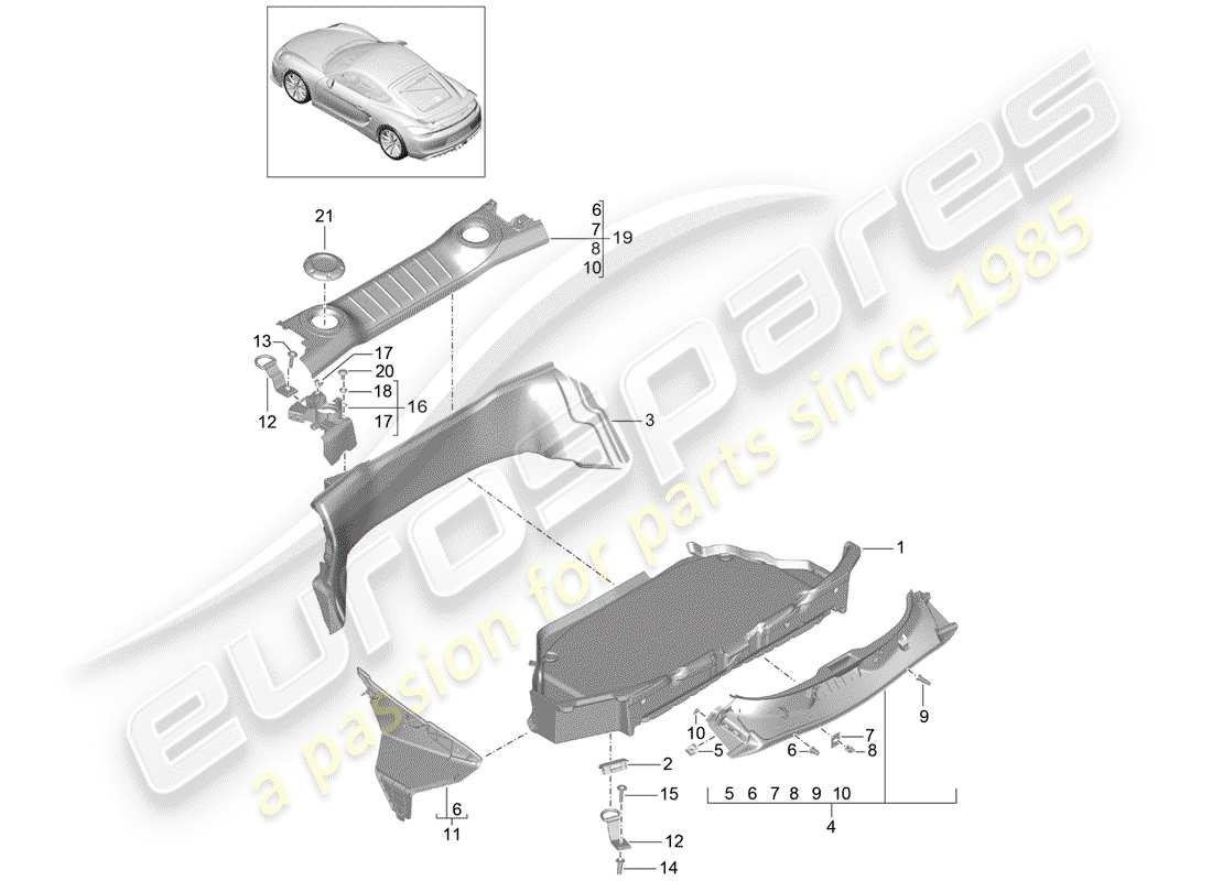 porsche 2016 (981 cayman gt4) compartimiento de equipaje diagrama de piezas