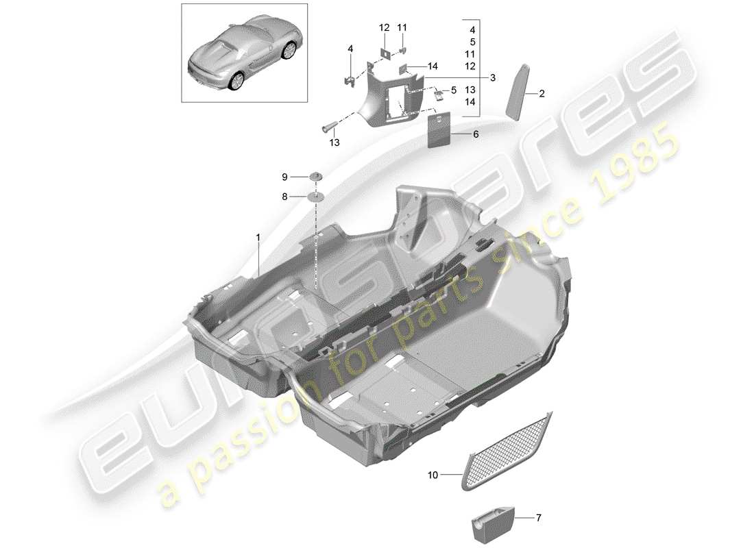 porsche 2016 (981 boxster spyder) diagrama de piezas de la cubierta del piso