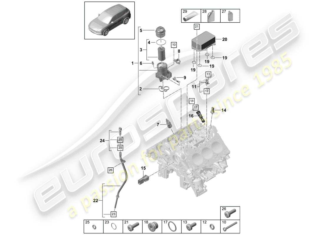 porsche 2019 (cayenne e3 9ya/9yb) diagrama de piezas del filtro de aceite