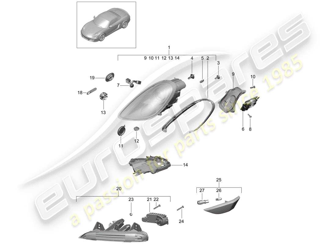 porsche 2013 (981 boxster) diagrama de piezas del faro