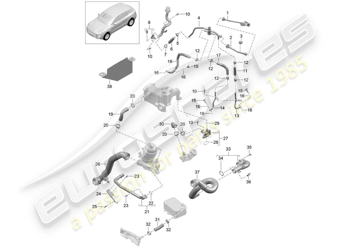porsche 2016 (macan) diagrama de piezas de refrigeración por agua