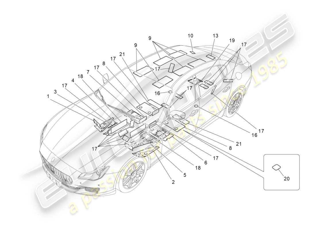 maserati qtp 3.0 bt v6 410hp (2014) paneles de insonorización en el interior del vehículo. diagrama de piezas.