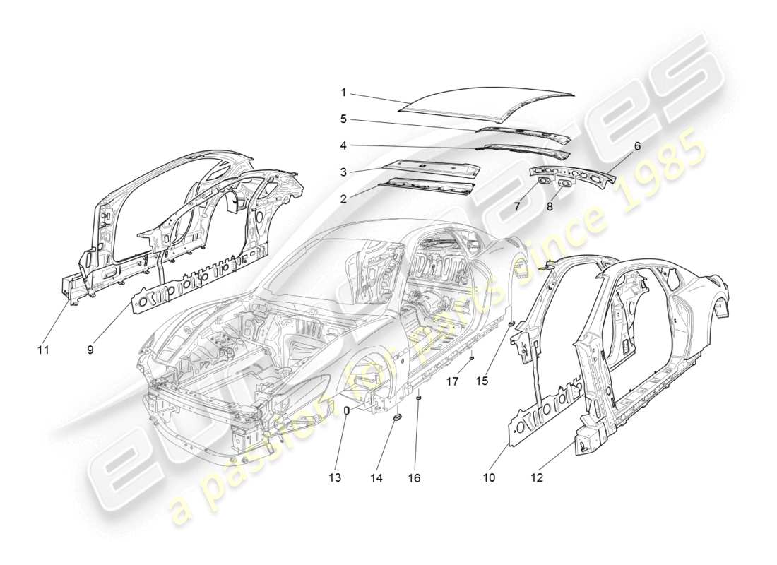 maserati granturismo (2008) carrocería y paneles exteriores centrales diagrama de piezas