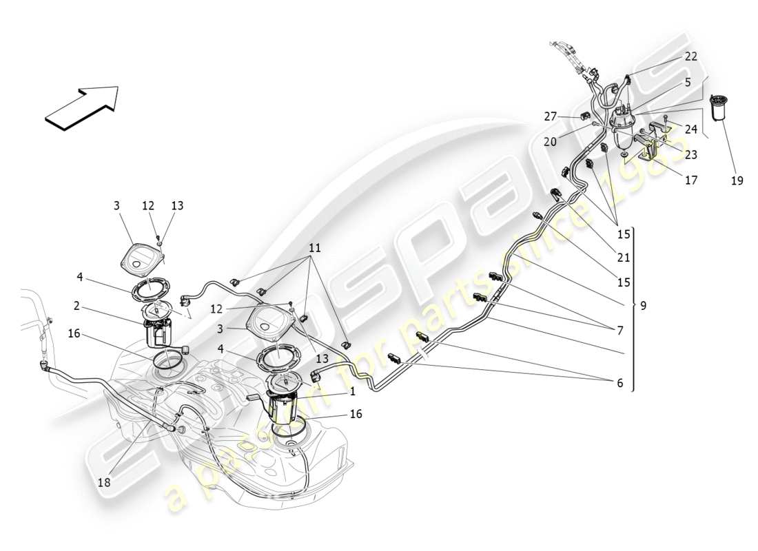 maserati qtp 3.0 tds v6 275hp (2015) diagrama de piezas de bombas de combustible y líneas de conexión