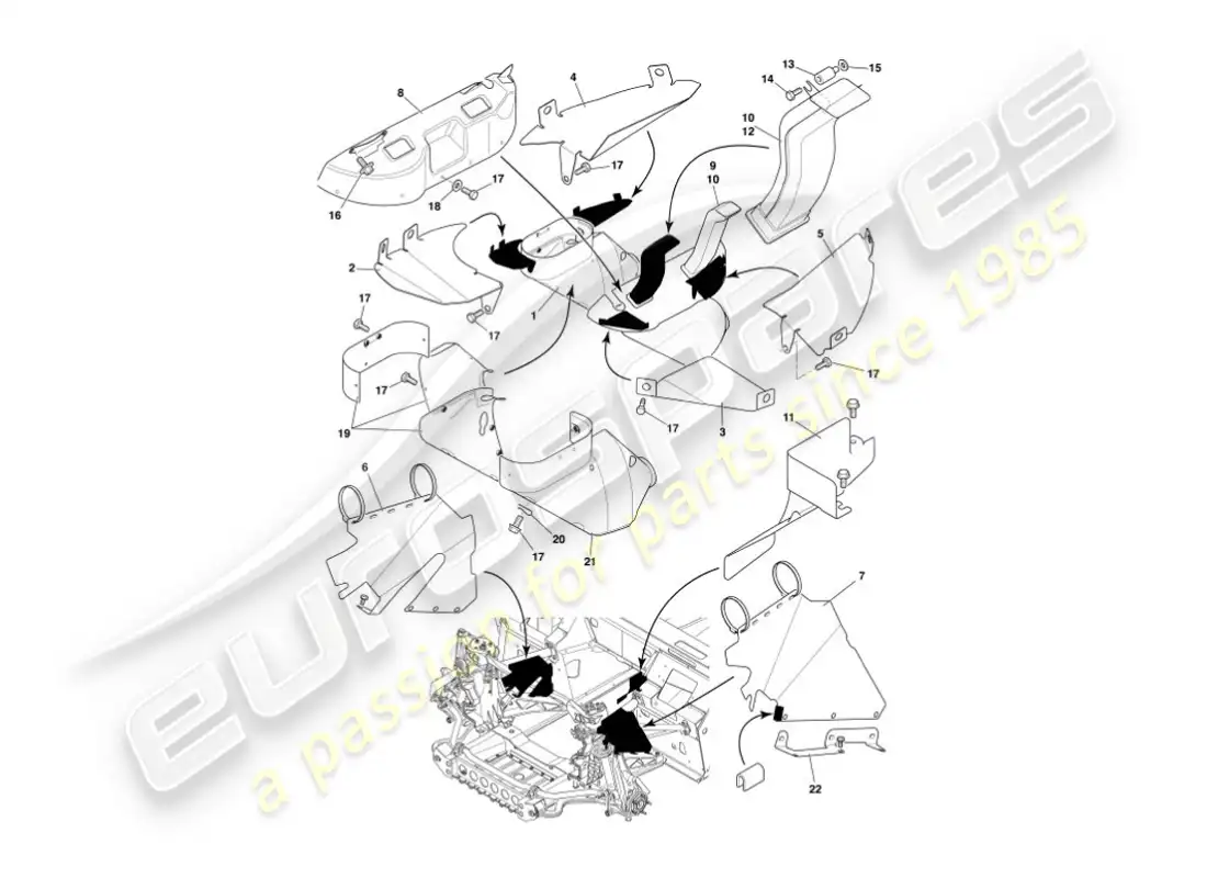 aston martin vanquish (2002) deflectores y escudos térmicos diagrama de piezas