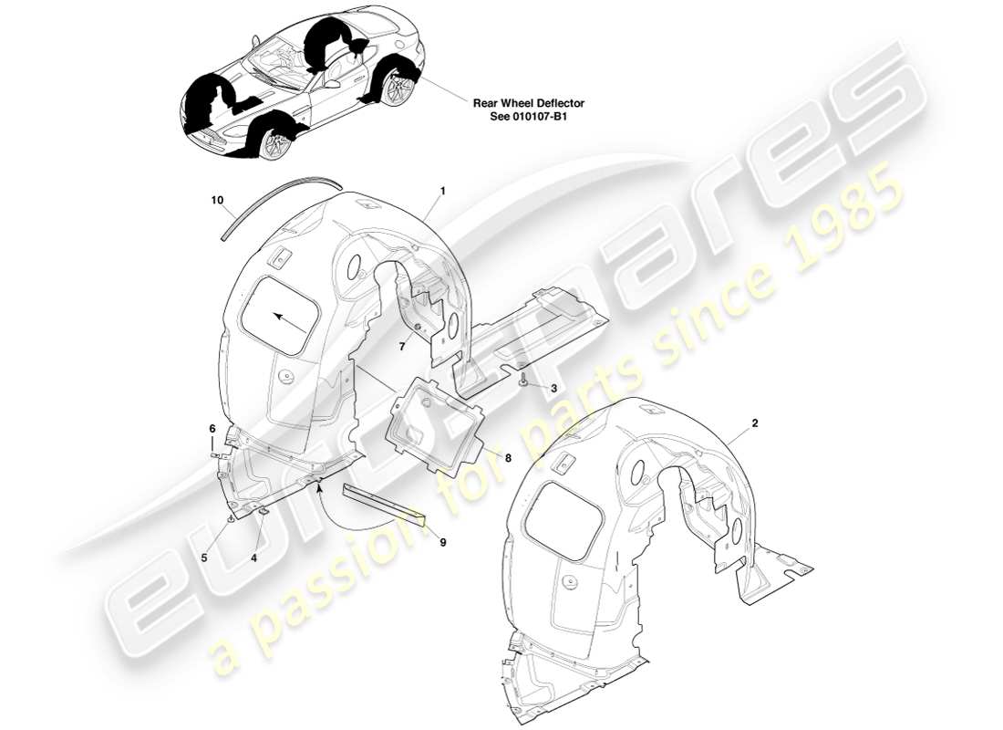 aston martin v8 vantage (2005) diagrama de piezas de los pasos de rueda delantera