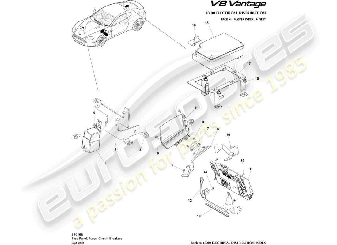 aston martin v8 vantage (2006) diagrama de piezas de los paneles de fusibles
