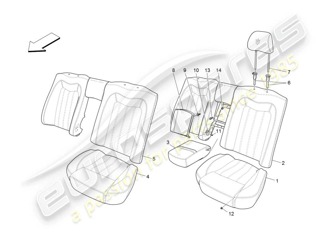 maserati granturismo (2008) asientos traseros: diagrama de piezas de los paneles decorativos