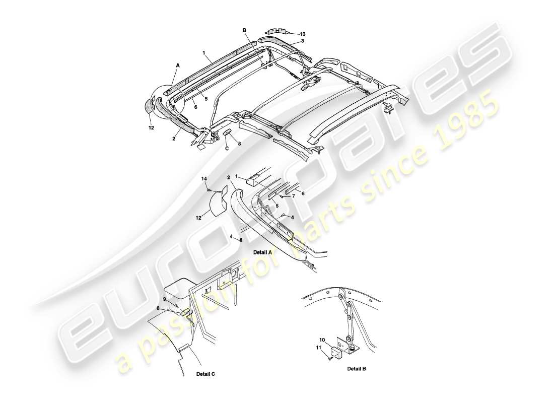 aston martin v8 volante (1999) maderas del marco del capó diagrama de piezas