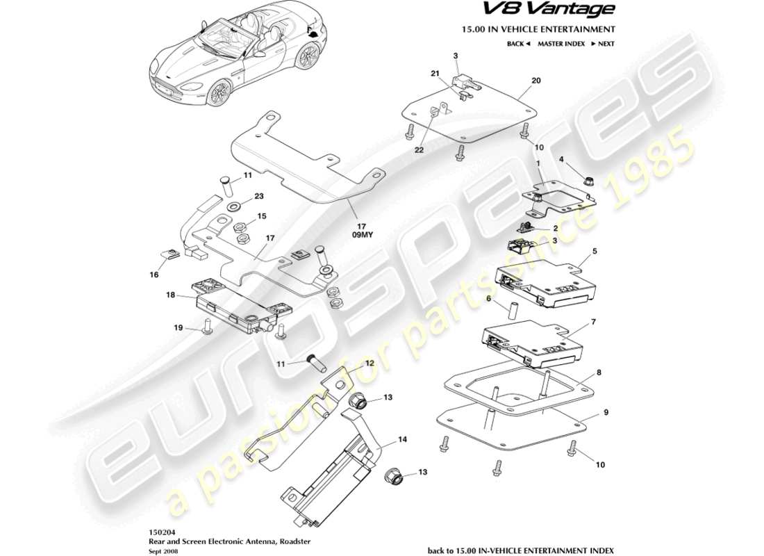 aston martin v8 vantage (2014) antena trasera y de pantalla, diagrama de piezas del roadster