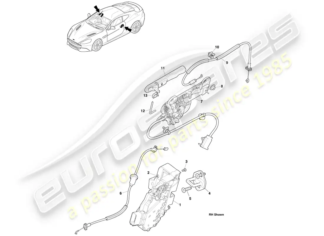 aston martin vanquish (2013) manijas exteriores y accionamiento diagrama de piezas