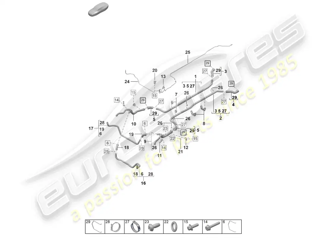 porsche 2022 (992-1 gt3/rs/st) diagrama de piezas del extremo delantero del sistema de enfriamiento del refrigerante