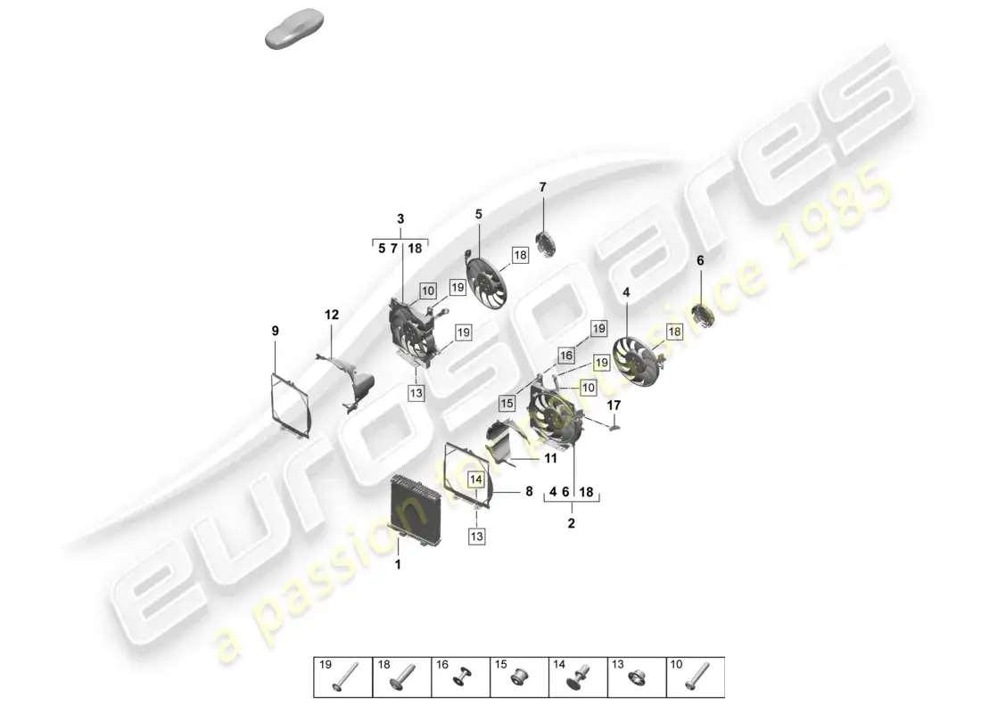 porsche 2026 (taycan 9j1-2) radiador de refrigerante con ventilador de radiador diagrama de piezas