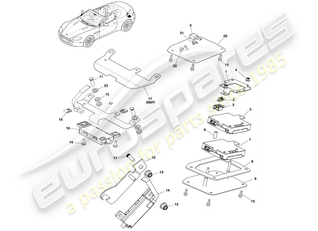 aston martin v8 vantage (2005) antena trasera y de pantalla, diagrama de piezas del roadster