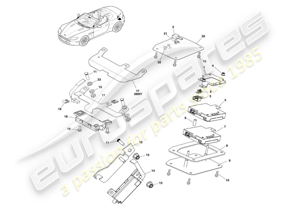 aston martin v8 vantage (2007) antena trasera y de pantalla, diagrama de piezas del roadster