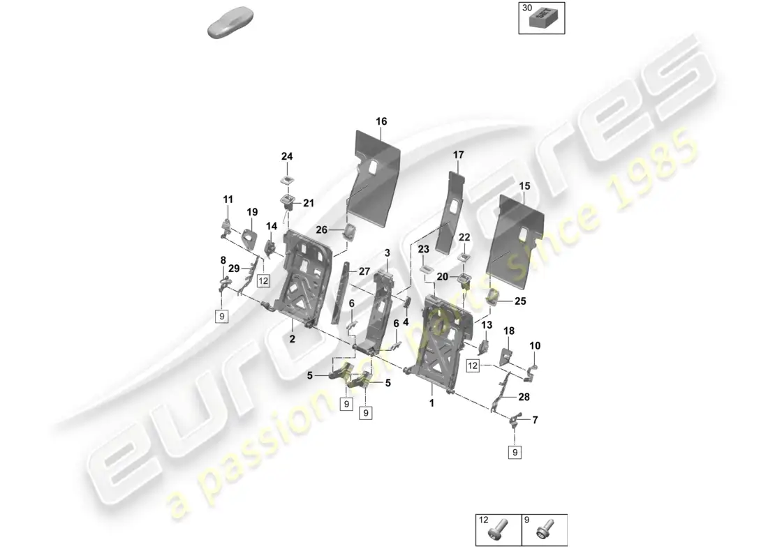 porsche 2025 (taycan 9j1-2) estructura del respaldo asiento confort diagrama de piezas