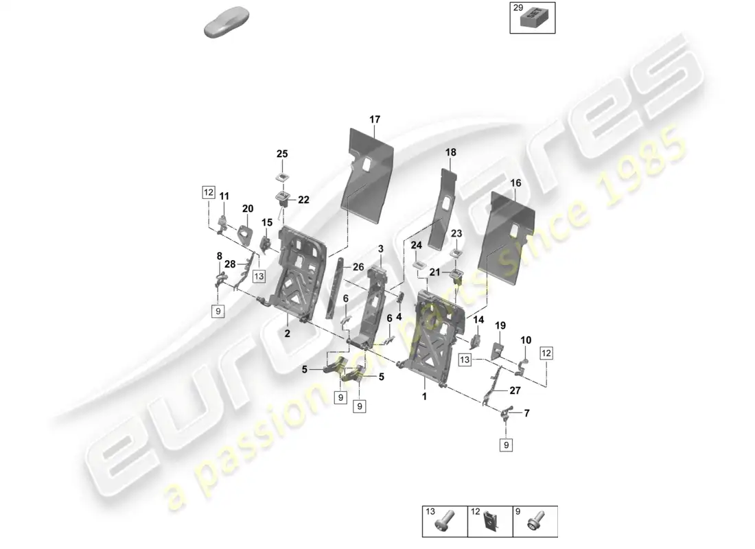 porsche 2025 (taycan 9j1-2) estructura del respaldo asiento confort diagrama de piezas