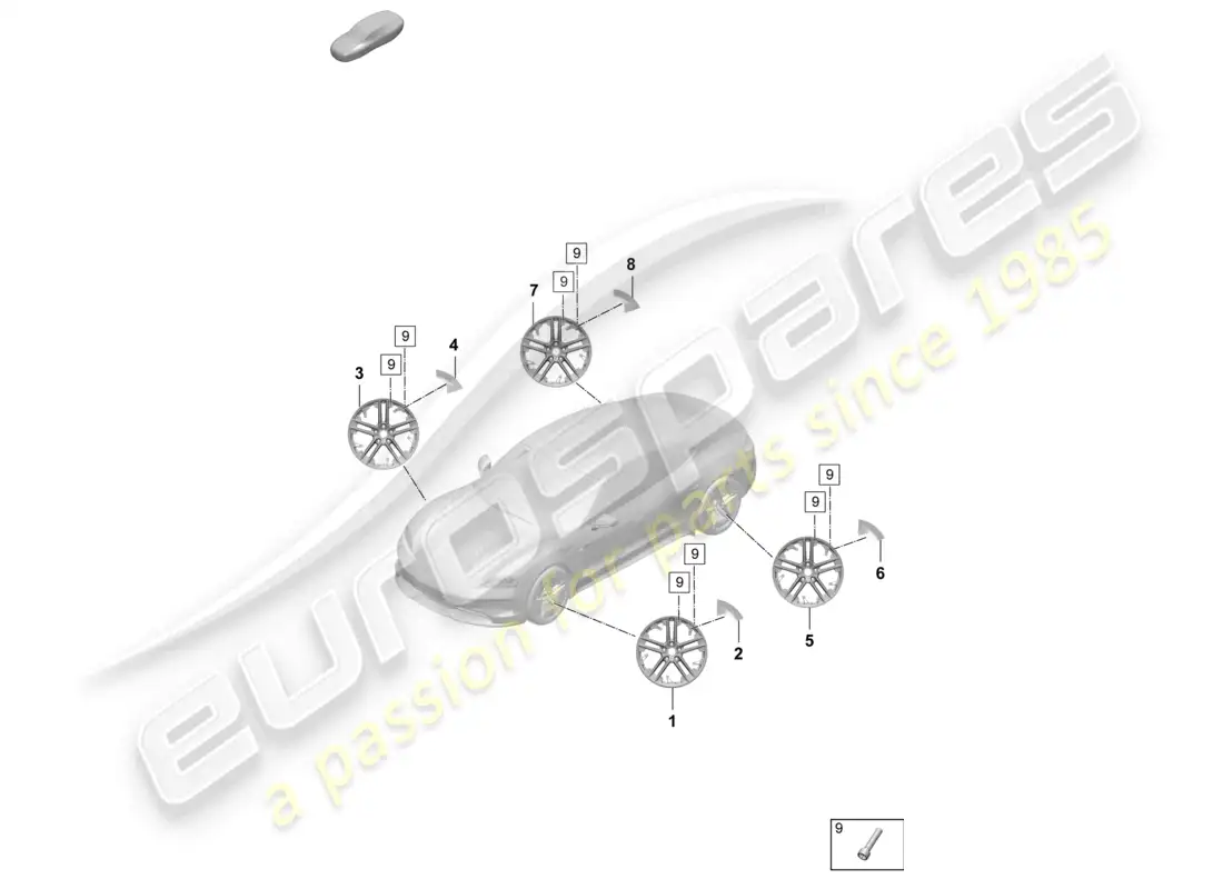 porsche 2026 (taycan 9j1-2) llanta de aleación 21 diagrama de piezas