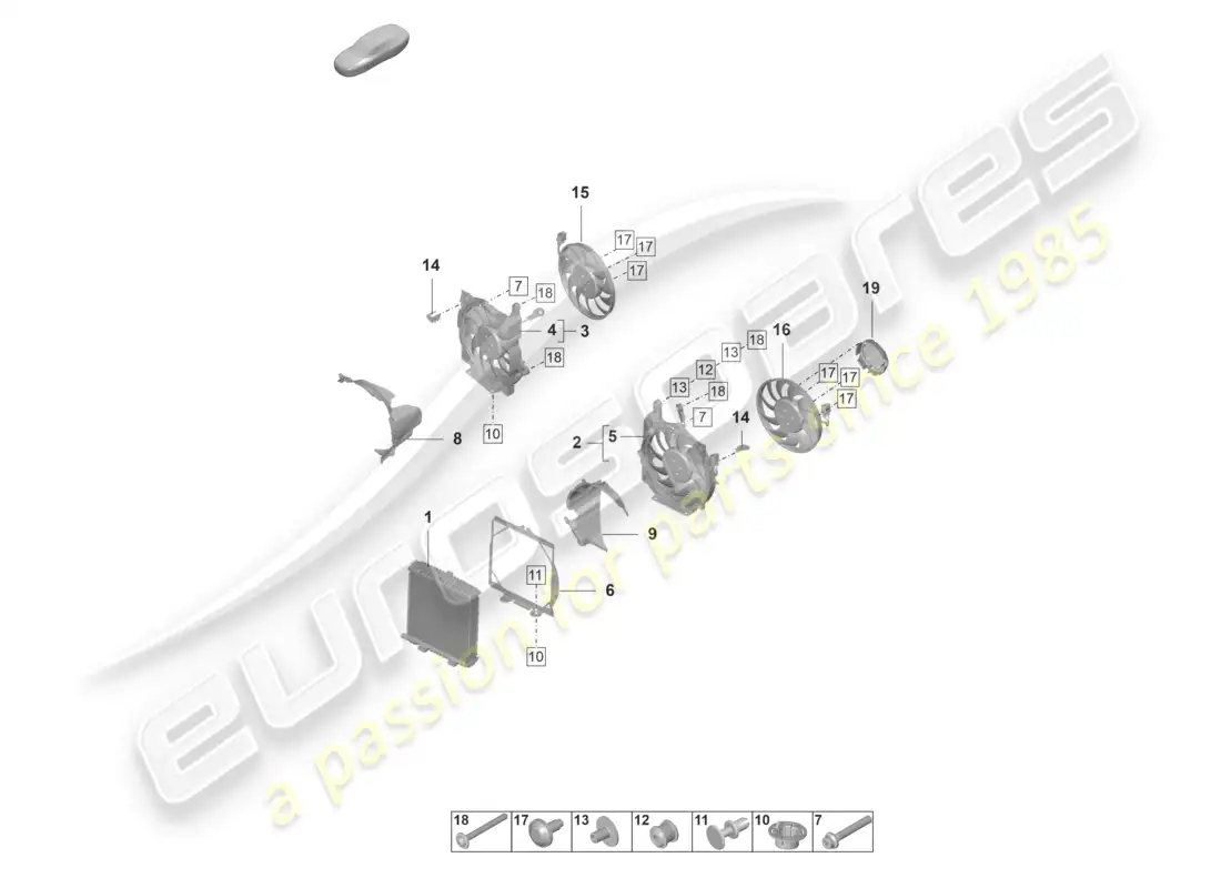 porsche 2022 (taycan 9j1-1) radiador de refrigerante con ventilador de radiador diagrama de piezas